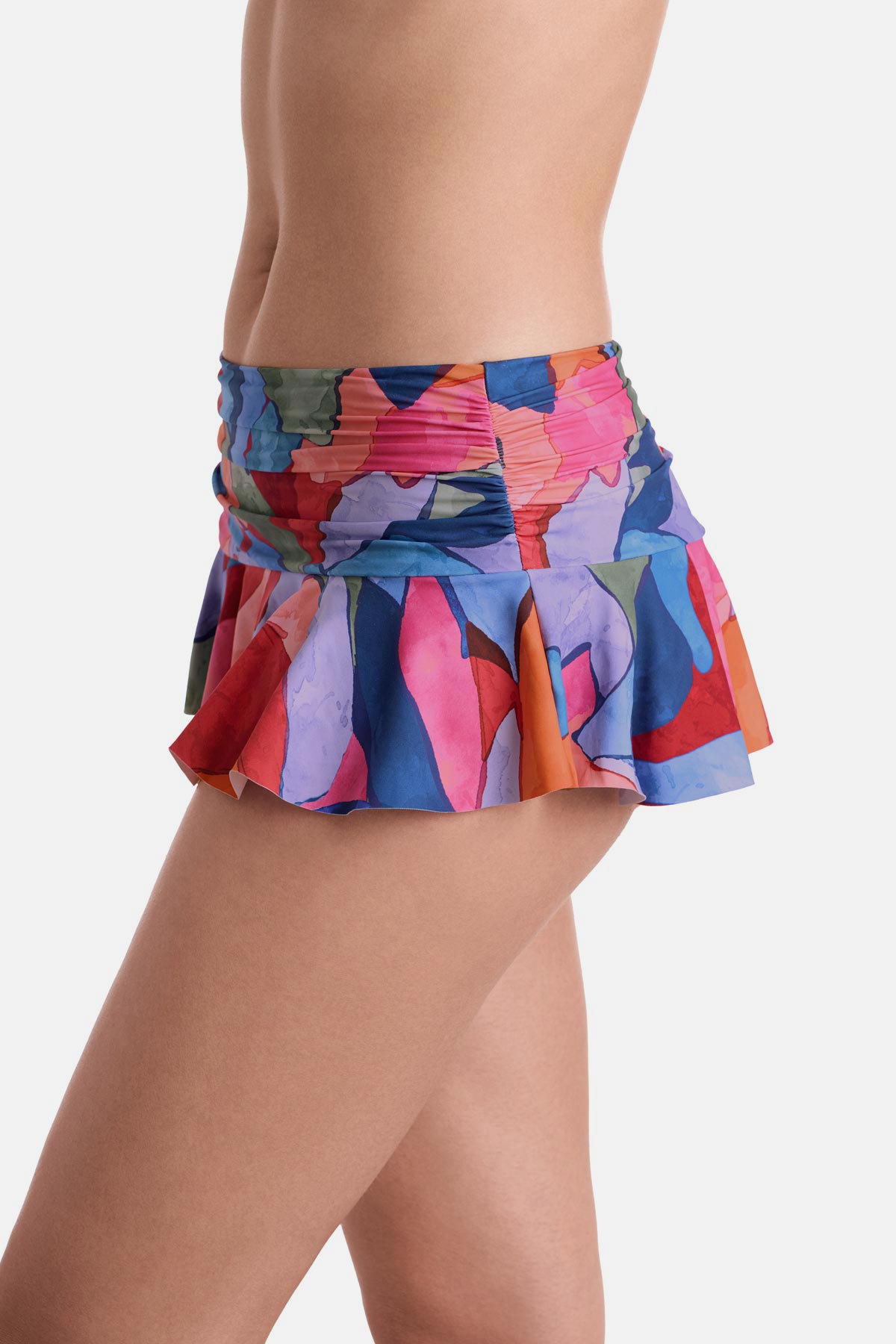 Side view of multicolored abstract skirted swim bottoms