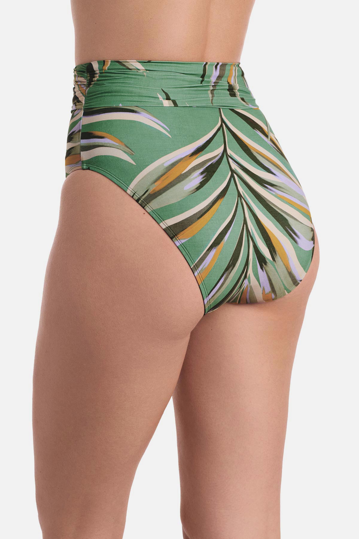 Back view of multicolored leaf printed high waisted swim bottoms