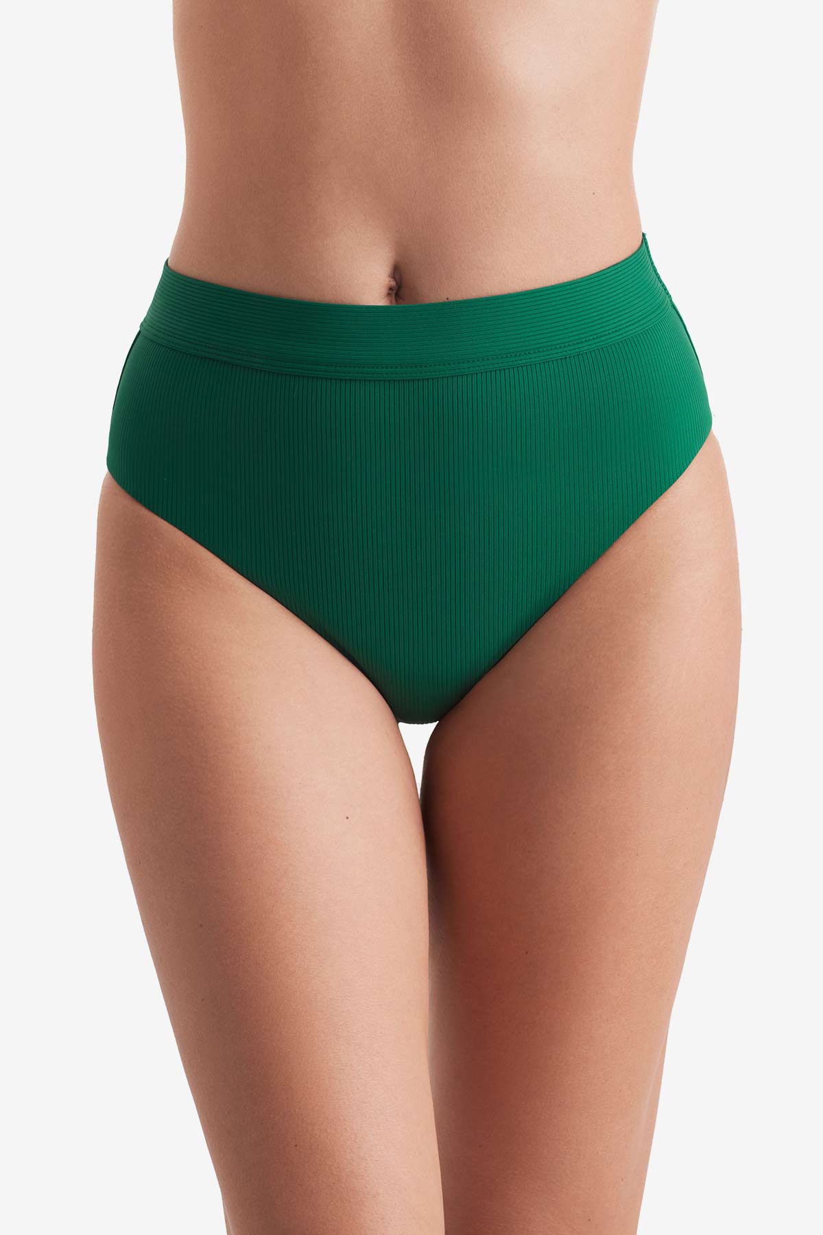 Front of high-waisted green rib fabric swim bottoms