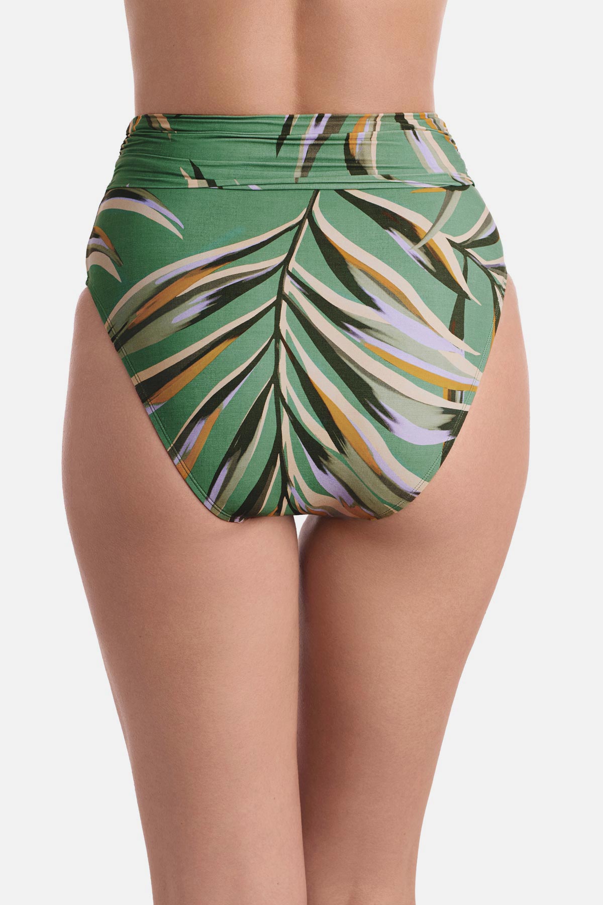 Back view of multicolored leaf printed high waisted swim bottoms