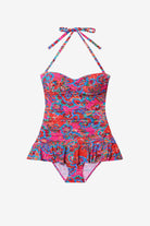 Multicolored bandeau and skirted leg one-piece swimsuit